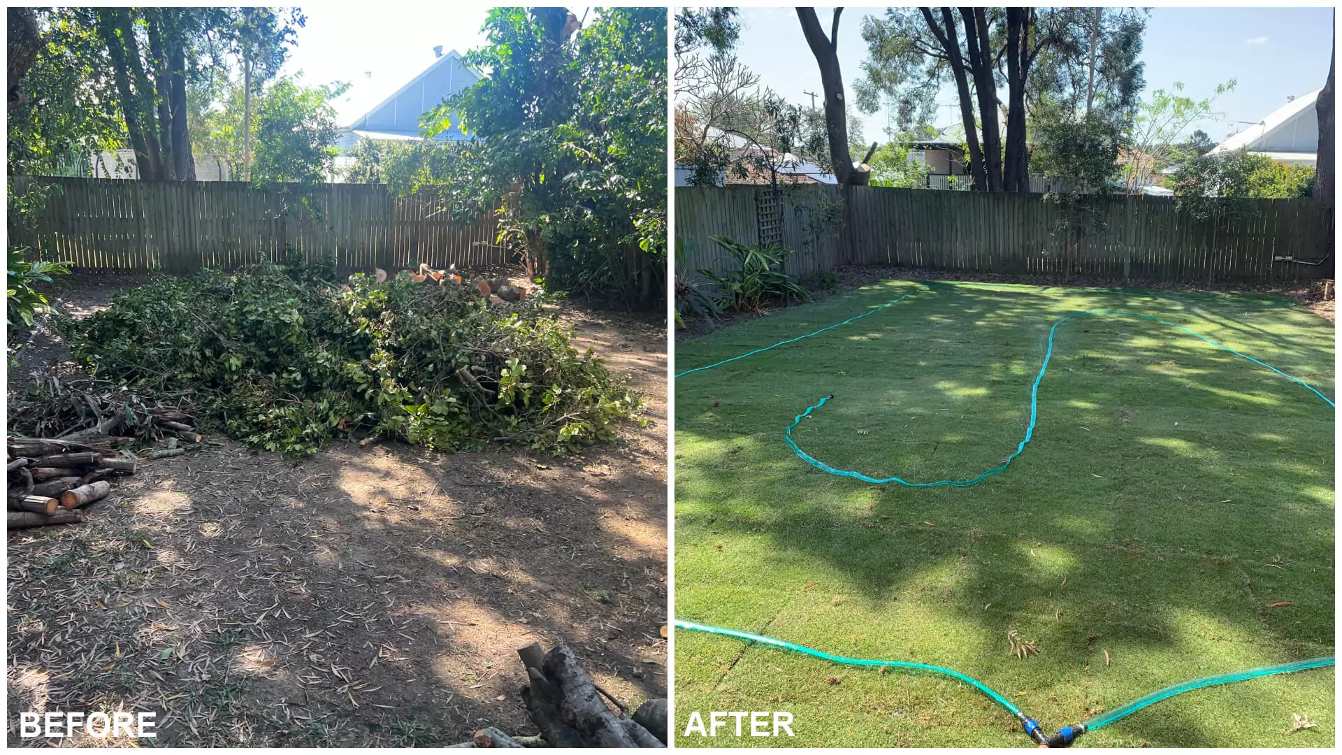 Before and after backyard makeover with premium Zoysia Matrella turf installation