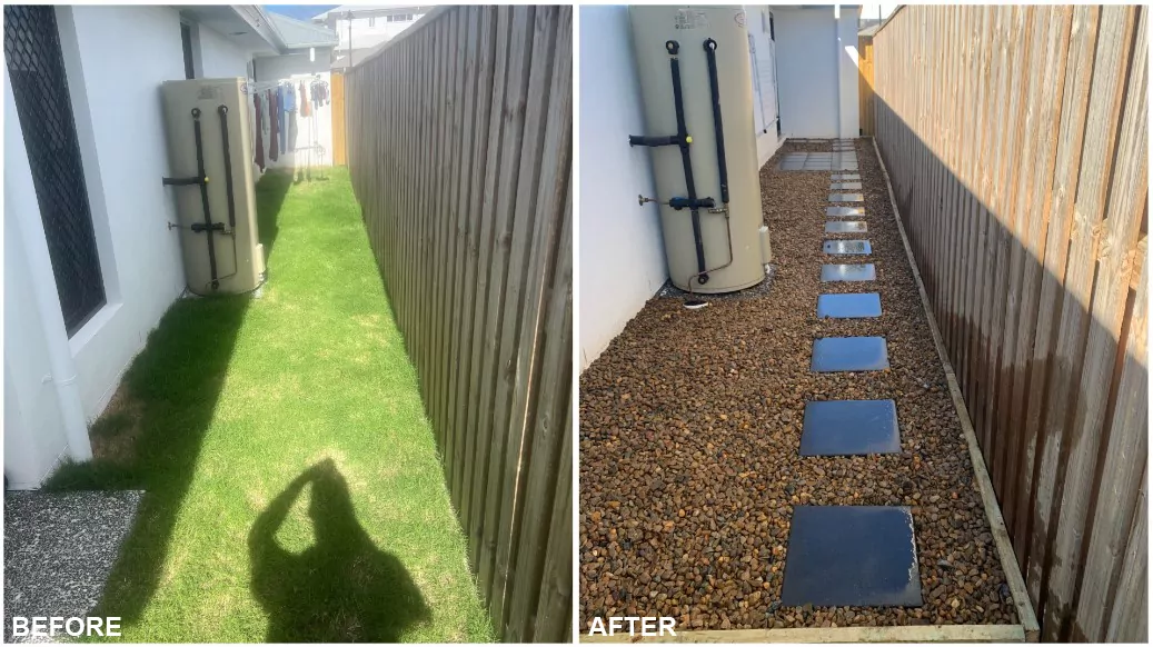 Before and after of side yard lawn replaced with pebbles and stepper pavers