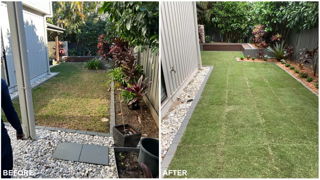 Backyard before and after new ShadeTuff lawn and mulched garden beds in Corinda