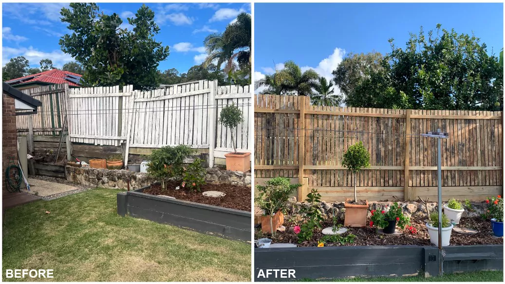Backyard before and after with failing white fence replaced by new timber fence