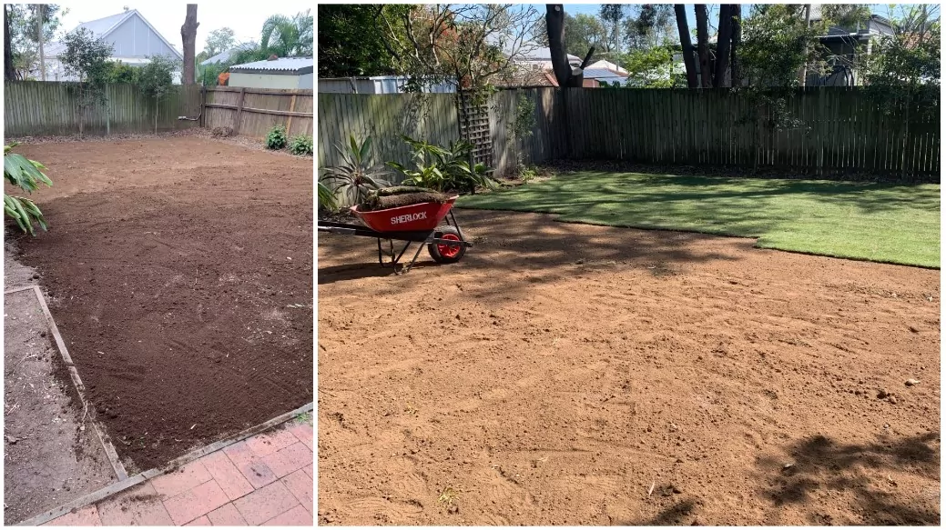 Backyard soil tilled and levelled with fresh base soil ready for new turf rolls